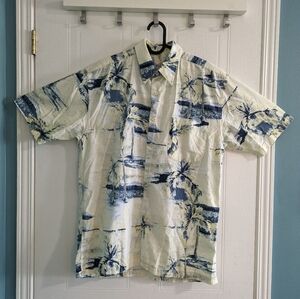 M Arnold Palmer blue and yellow palm tree golf short sleeve button up shirt
